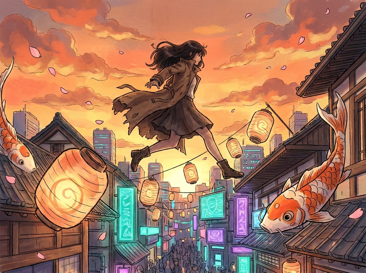 Anime keyframe of a girl leaping between rooftops at golden hour, koi kites and lanterns swirling around her.