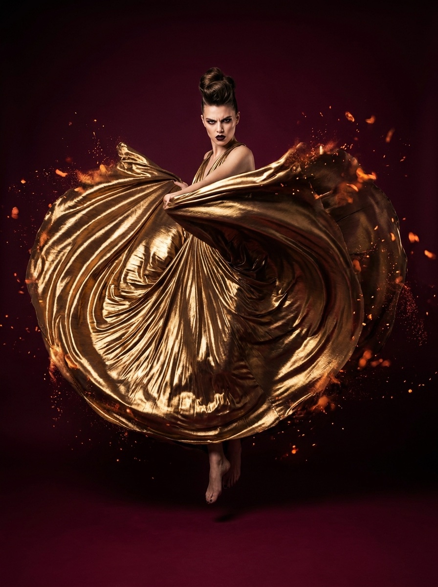 A model mid-spin as her molten-gold gown fans into a circle, edges dissolving into embers.
