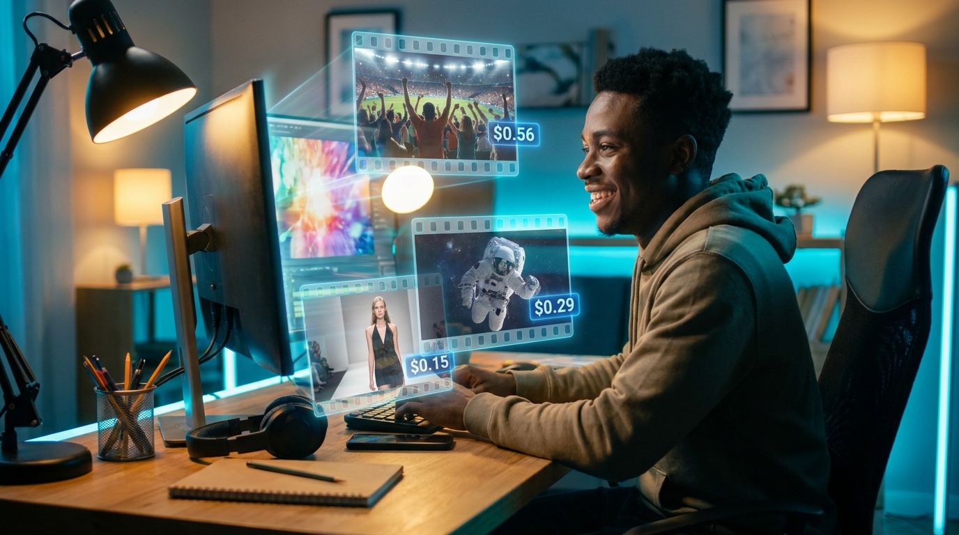 A smiling creator at a desk as film frames — stadium, astronaut, runway — float out of the monitor with small price tags.