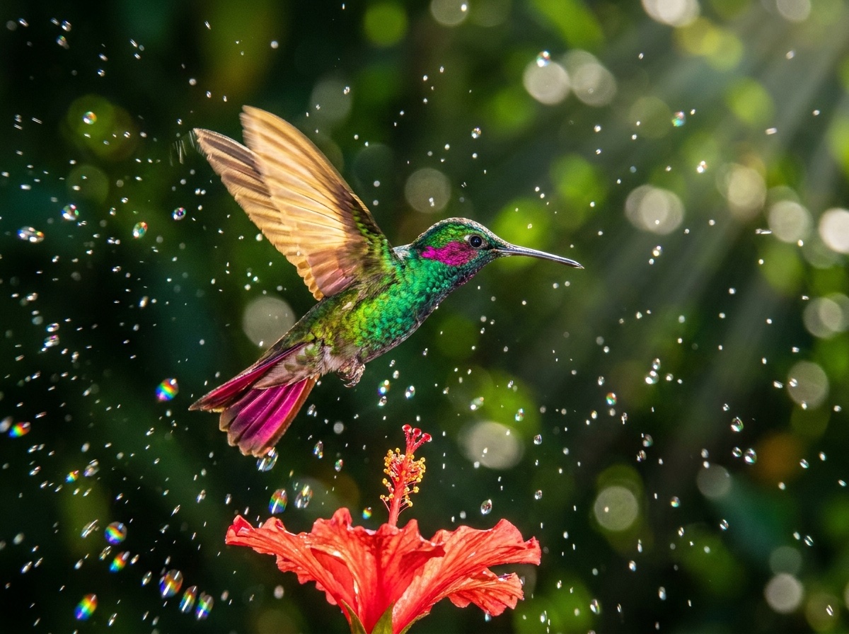 A hummingbird banking through a burst of rainbow-refracting droplets above a red hibiscus.