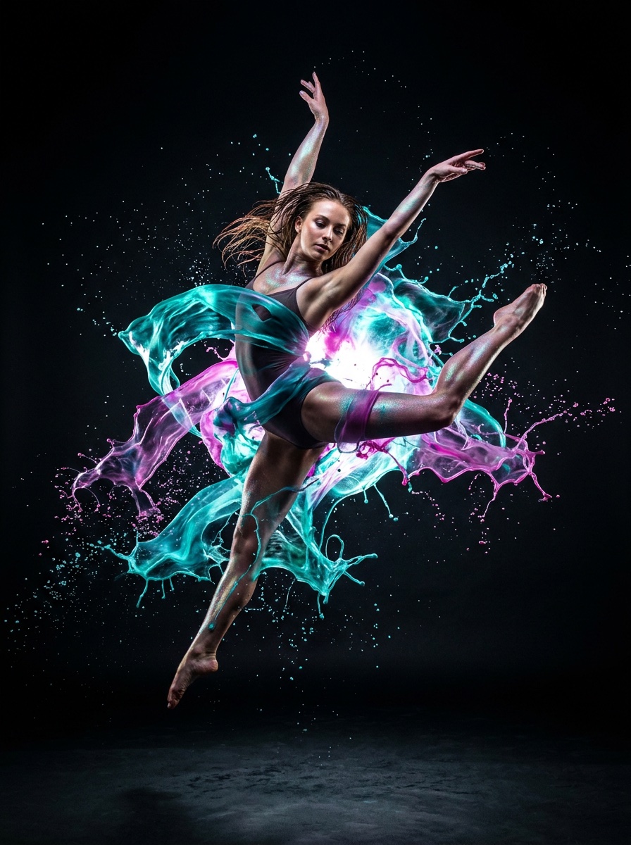A dancer mid-leap wrapped in ribbons of luminous teal and magenta ink, droplets frozen mid-air.