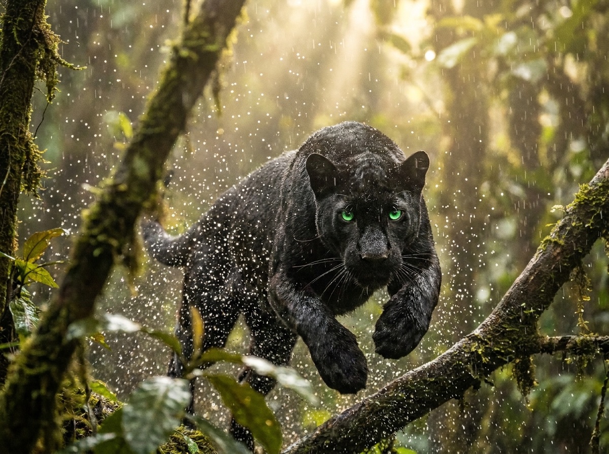 A black panther mid-pounce through a burst of rain, backlit by golden jungle light.