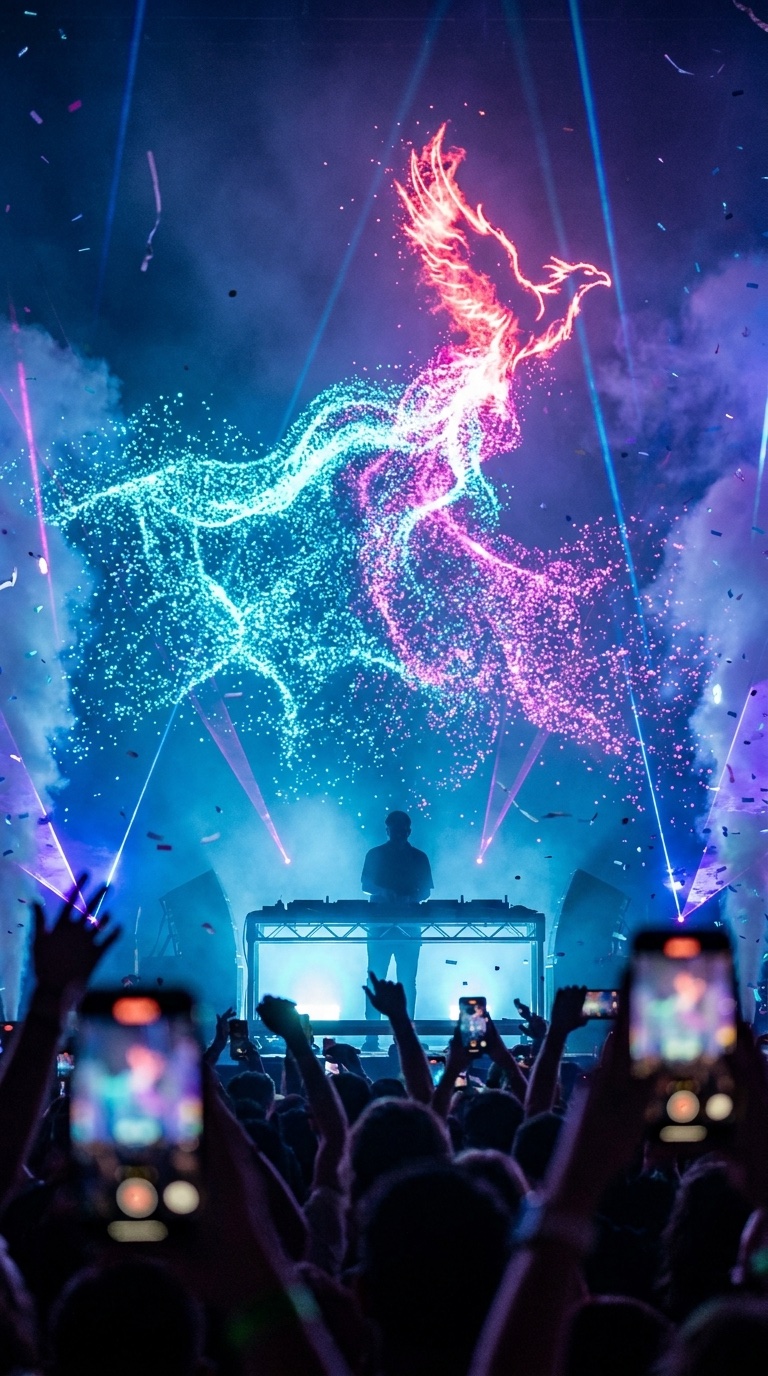 A DJ silhouetted before a crowd as a wave of cyan and magenta particles erupts into a rising phoenix.