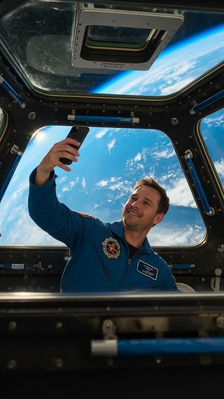 An astronaut floating in a space station cupola with the blue Earth glowing behind.