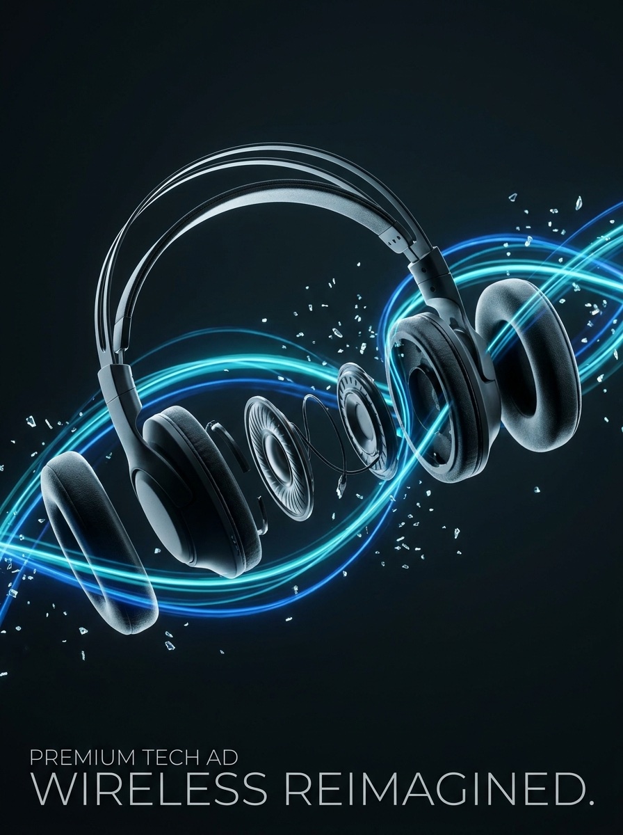 Matte-black headphones deconstructing mid-air into a levitating exploded view amid cyan light ribbons.